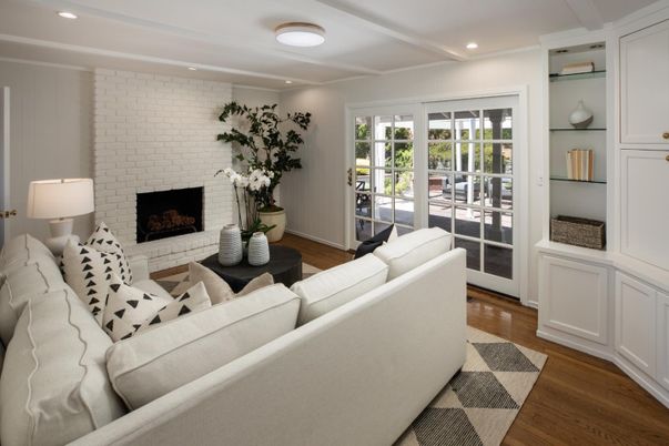 Fireplace, Interior, Living room, Recessed Lighting, Stone Walls, Wood Texture Flooring