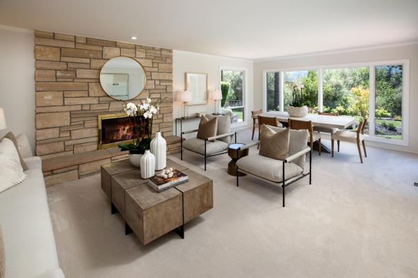 Dining room, Fireplace, Interior, Living room, Recessed Lighting, Stone Walls