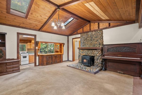 Chandelier, Fireplace, Interior, Pendant Lights, Piano, Wooden Beams, Wooden Ceilings