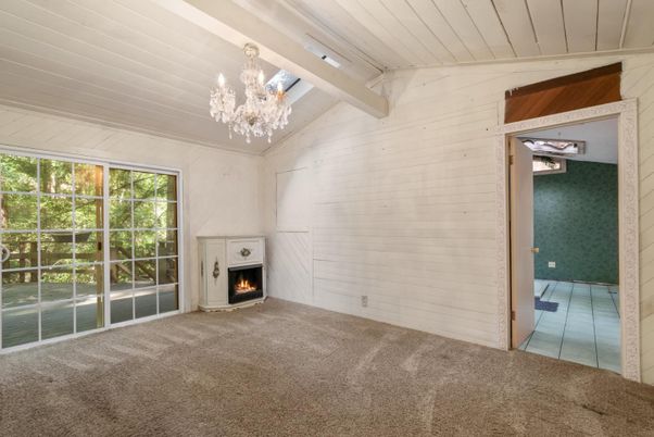 Chandelier, Empty room, Fireplace, Interior, Wooden Walls