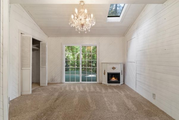 Chandelier, Empty room, Fireplace, Interior