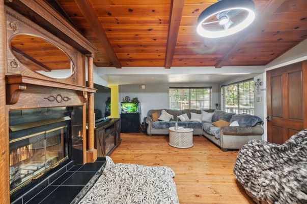 Fireplace, Interior, Living room, Recessed Lighting, Wooden Beams, Wooden Ceilings, Wood Texture Flooring