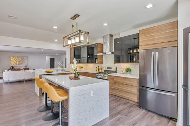 Interior, Kitchen, Living room, Pendant Lights, Recessed Lighting, Stainless Steel Appliances, Wood Texture Flooring