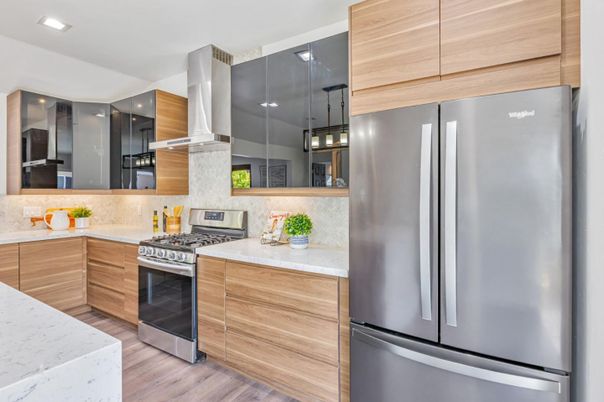 Interior, Kitchen, Recessed Lighting, Stainless Steel Appliances, Wood Texture Flooring