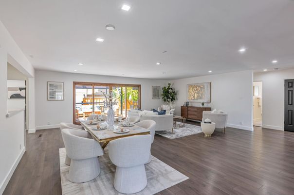 Dining room, Interior, Living room, Recessed Lighting, Wood Texture Flooring