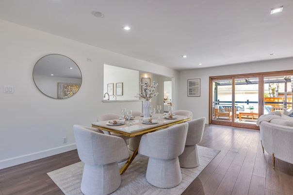 Dining room, Interior, Recessed Lighting, Wood Texture Flooring