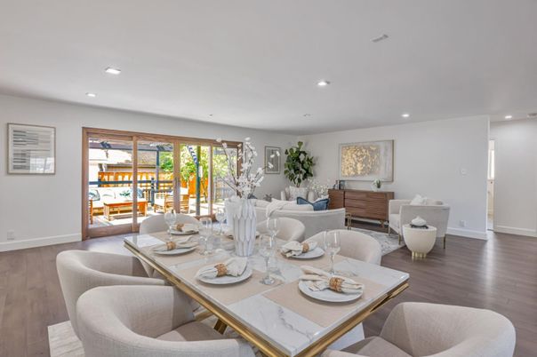 Dining room, Interior, Living room, Recessed Lighting, Wood Texture Flooring