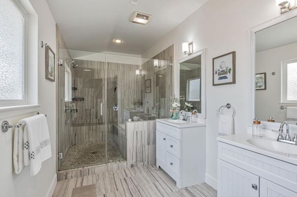 Bathroom, Dual Sink Vanities, Glass Shower, Interior, Recessed Lighting