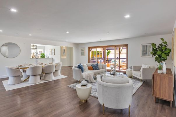 Dining room, Interior, Living room, Recessed Lighting, Wood Texture Flooring