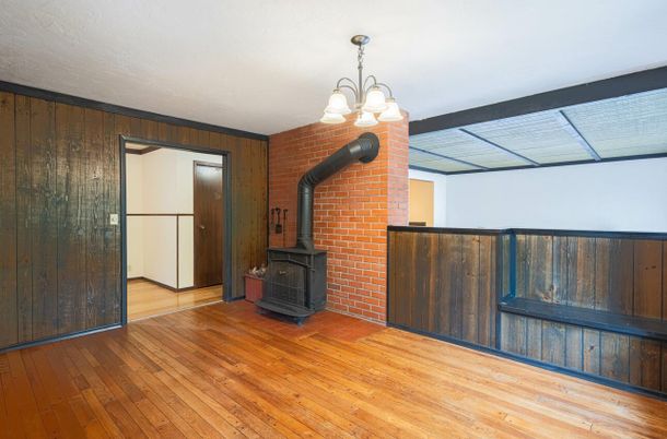 Chandelier, Fireplace, Interior, Stone Walls, Wood Texture Flooring