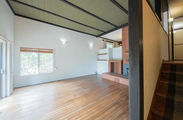 Empty room, Fireplace, Interior, Stone Walls, Wood Texture Flooring