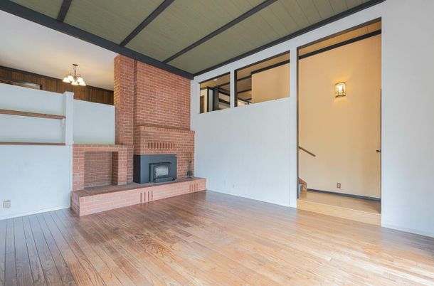 Empty room, Fireplace, Interior, Stone Walls, Wood Texture Flooring