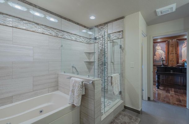Bathroom, Glass Shower, Interior, Recessed Lighting, Wood Texture Flooring