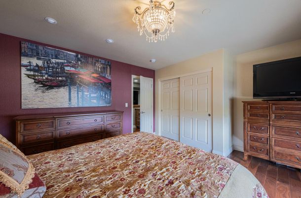 Bedroom, Chandelier, Interior, Recessed Lighting, Wood Texture Flooring