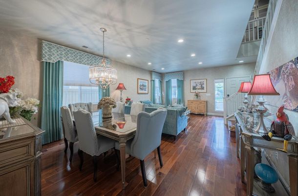 Chandelier, Dining room, Interior, Living room, Recessed Lighting, Wood Texture Flooring