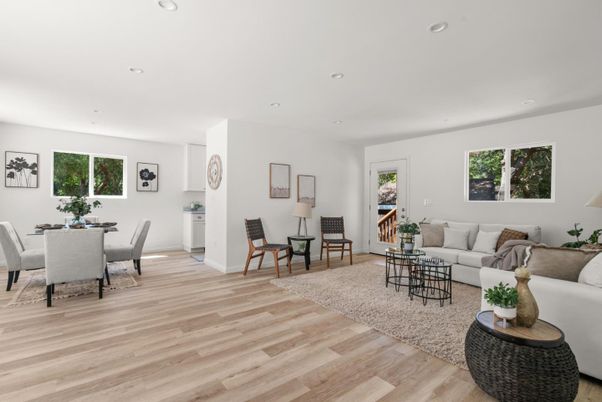 Dining room, Fireplace, Interior, Living room, Recessed Lighting, Wood Texture Flooring