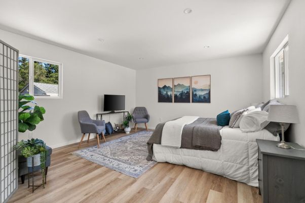Bedroom, Interior, Recessed Lighting, Wood Texture Flooring