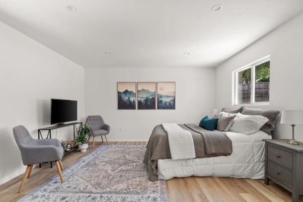 Bedroom, Interior, Recessed Lighting, Wood Texture Flooring