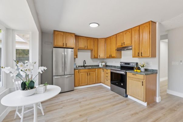 Interior, Kitchen, Recessed Lighting, Stainless Steel Appliances, Wood Texture Flooring