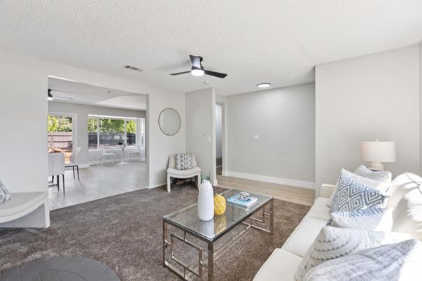 Dining room, Interior, Living room, Recessed Lighting, Wood Texture Flooring