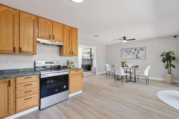 Dining room, Fireplace, Interior, Kitchen, Wood Texture Flooring
