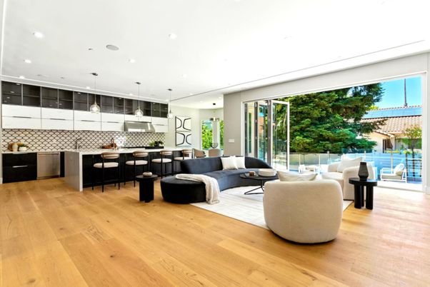 Interior, Kitchen, Living room, Pendant Lights, Recessed Lighting, Wood Texture Flooring