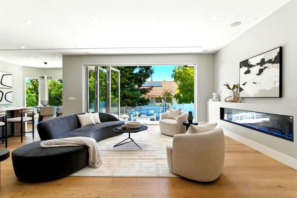 Dining room, Fireplace, Interior, Living room, Recessed Lighting, Wood Texture Flooring