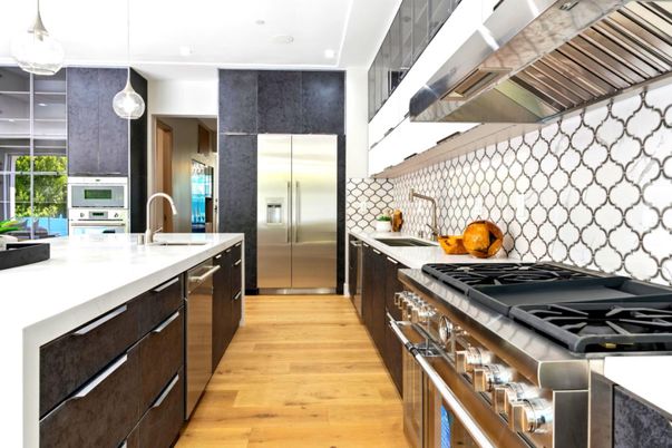 Interior, Kitchen, Pendant Lights, Recessed Lighting, Stainless Steel Appliances, Wood Texture Flooring