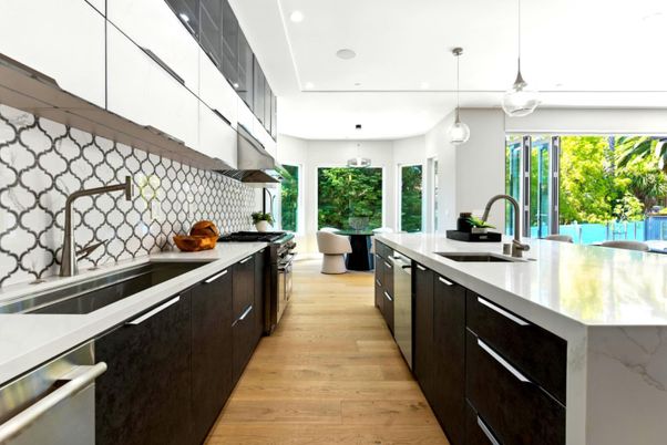 Interior, Kitchen, Pendant Lights, Recessed Lighting, Stainless Steel Appliances, Wood Texture Flooring