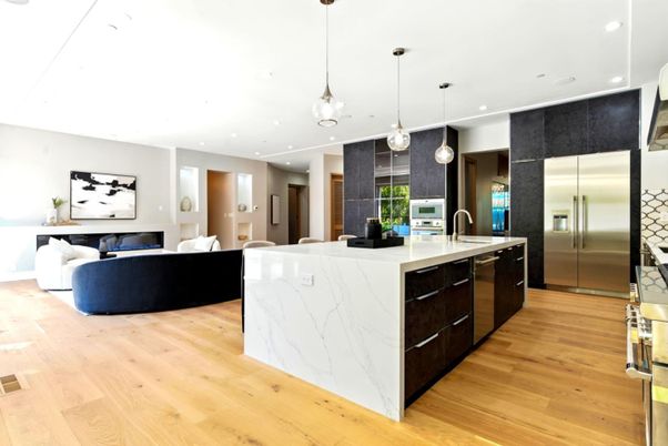 Interior, Kitchen, Living room, Pendant Lights, Recessed Lighting, Stainless Steel Appliances, Wood Texture Flooring