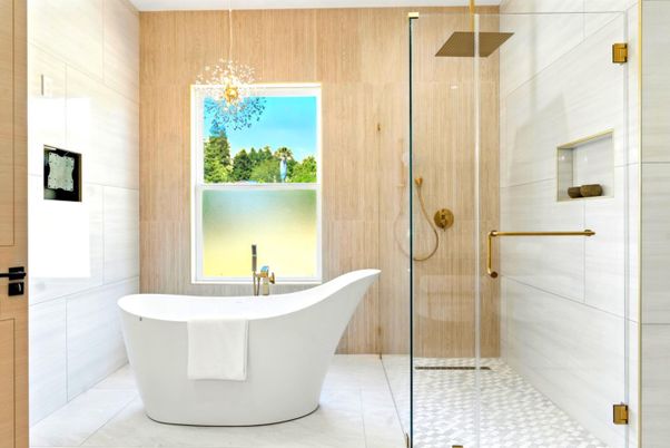 Bathroom, Free Standing Baths, Glass Shower, Interior, Pendant Lights, Wooden Walls