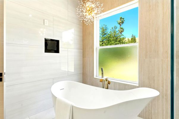 Bathroom, Free Standing Baths, Interior, Pendant Lights, Wooden Walls