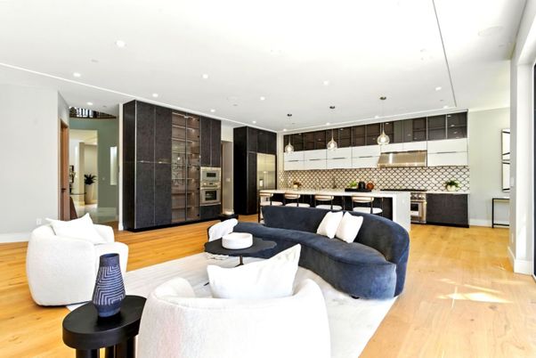 Interior, Kitchen, Living room, Pendant Lights, Recessed Lighting, Stainless Steel Appliances, Wood Texture Flooring