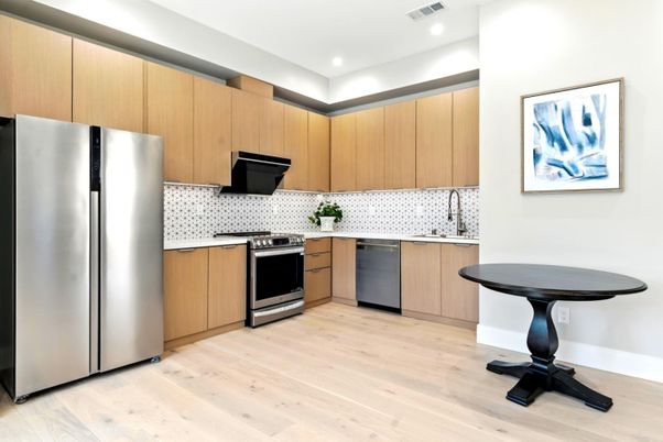 Interior, Kitchen, Recessed Lighting, Stainless Steel Appliances, Wood Texture Flooring