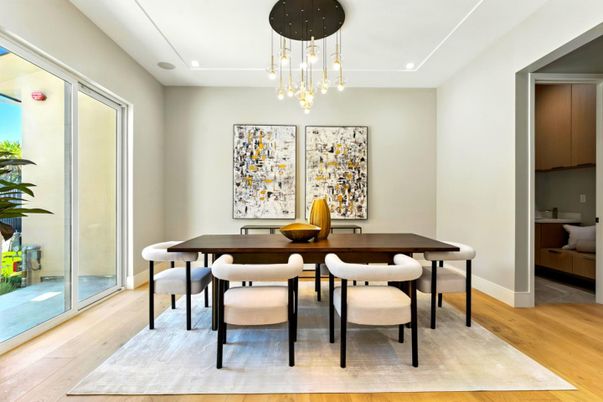 Dining room, Interior, Pendant Lights, Recessed Lighting, Wood Texture Flooring