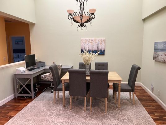 Chandelier, Home Office, Interior, Wood Texture Flooring
