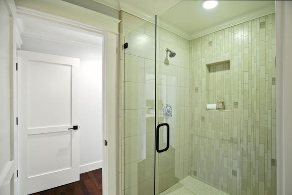 Bathroom, Glass Shower, Interior, Recessed Lighting, Wood Texture Flooring