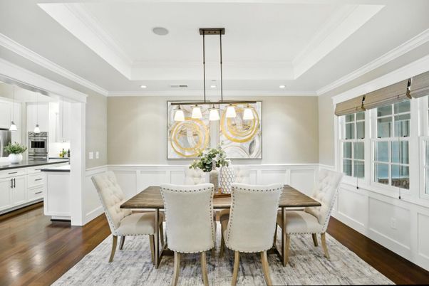 Dining room, Interior, Kitchen, Pendant Lights, Recessed Lighting, Wood Texture Flooring