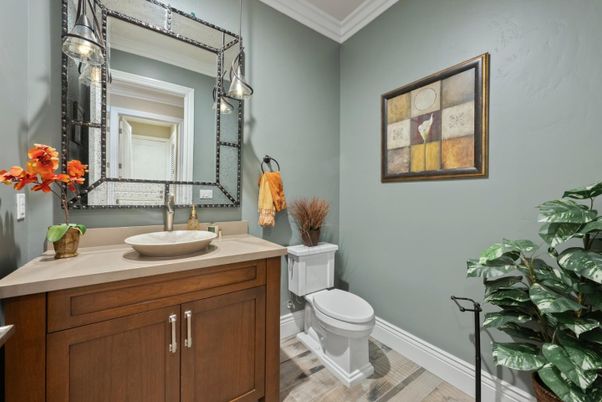 Bathroom, Interior, Pendant Lights, Wood Texture Flooring