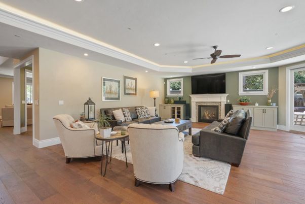Fireplace, Interior, Living room, Recessed Lighting, Wood Texture Flooring