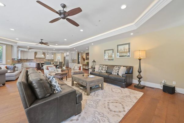 Dining room, Interior, Kitchen, Living room, Recessed Lighting, Stainless Steel Appliances, Wood Texture Flooring