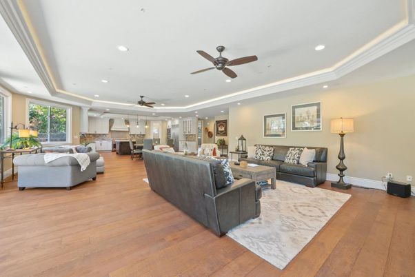 Interior, Kitchen, Living room, Recessed Lighting, Stainless Steel Appliances, Wood Texture Flooring