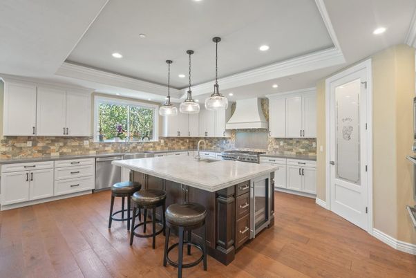 Interior, Kitchen, Pendant Lights, Recessed Lighting, Stainless Steel Appliances, Wood Texture Flooring