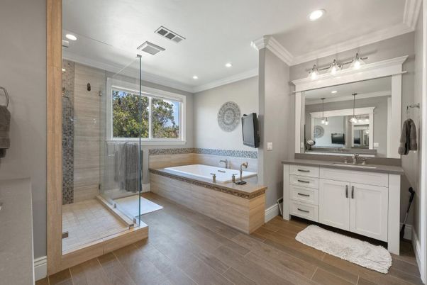 Bathroom, Glass Shower, Interior, Recessed Lighting, Wood Texture Flooring