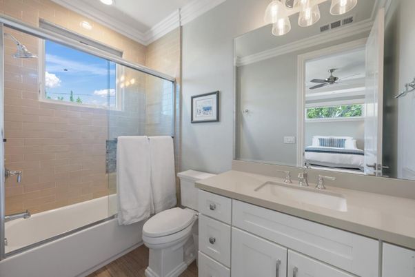 Bathroom, Glass Shower, Interior, Recessed Lighting, Wood Texture Flooring