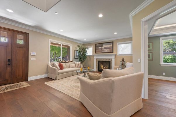 Fireplace, Interior, Living room, Recessed Lighting, Wood Texture Flooring