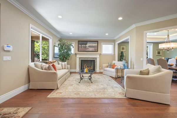 Dining room, Fireplace, Interior, Living room, Pendant Lights, Recessed Lighting, Wood Texture Flooring