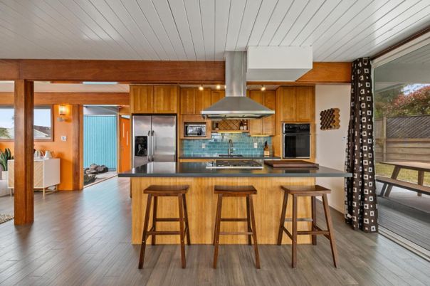 Interior, Kitchen, Stainless Steel Appliances, Wooden Beams, Wood Texture Flooring