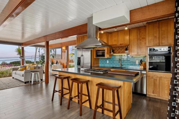 Interior, Kitchen, Living room, Stainless Steel Appliances, Water, Wood Texture Flooring