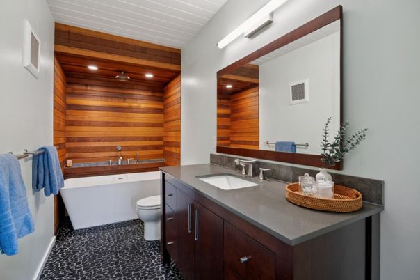 Bathroom, Dual Sink Vanities, Free Standing Baths, Interior, Recessed Lighting, Wooden Ceilings, Wooden Walls